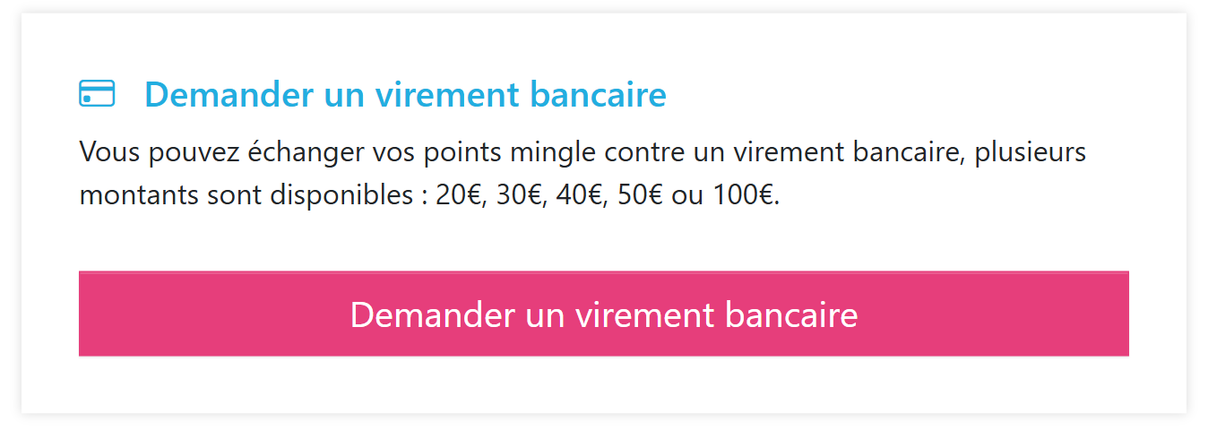 Encadre virement bancaire du catalogue Mingle France, paliers 20 a 100 euros, sans prix en points