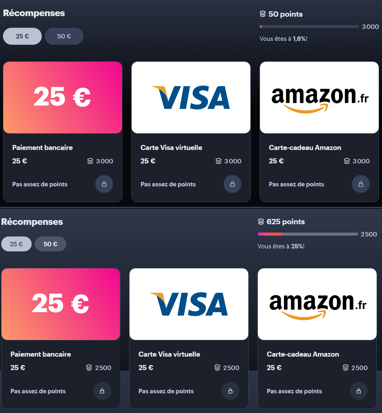 La page des recompenses avant et apres la verification du compte