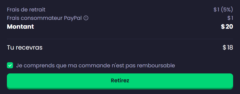 Fenêtre de retrait PayPal de Freecash avec le montant, les frais de retrait, les frais PayPal et la somme reçue