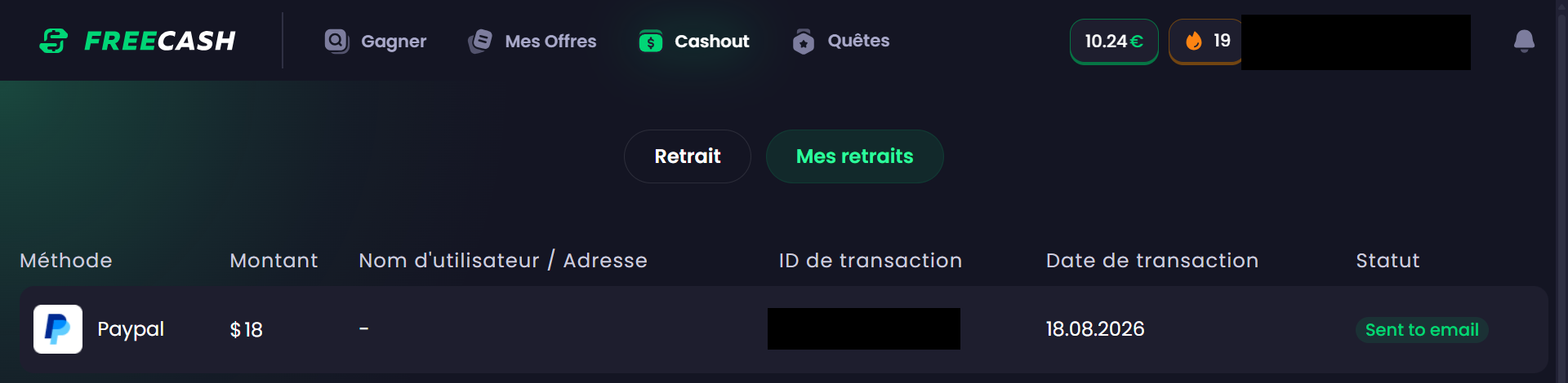 Onglet Mes retraits du compte Freecash avec une ligne Paypal de 18 dollars au statut Sent to email