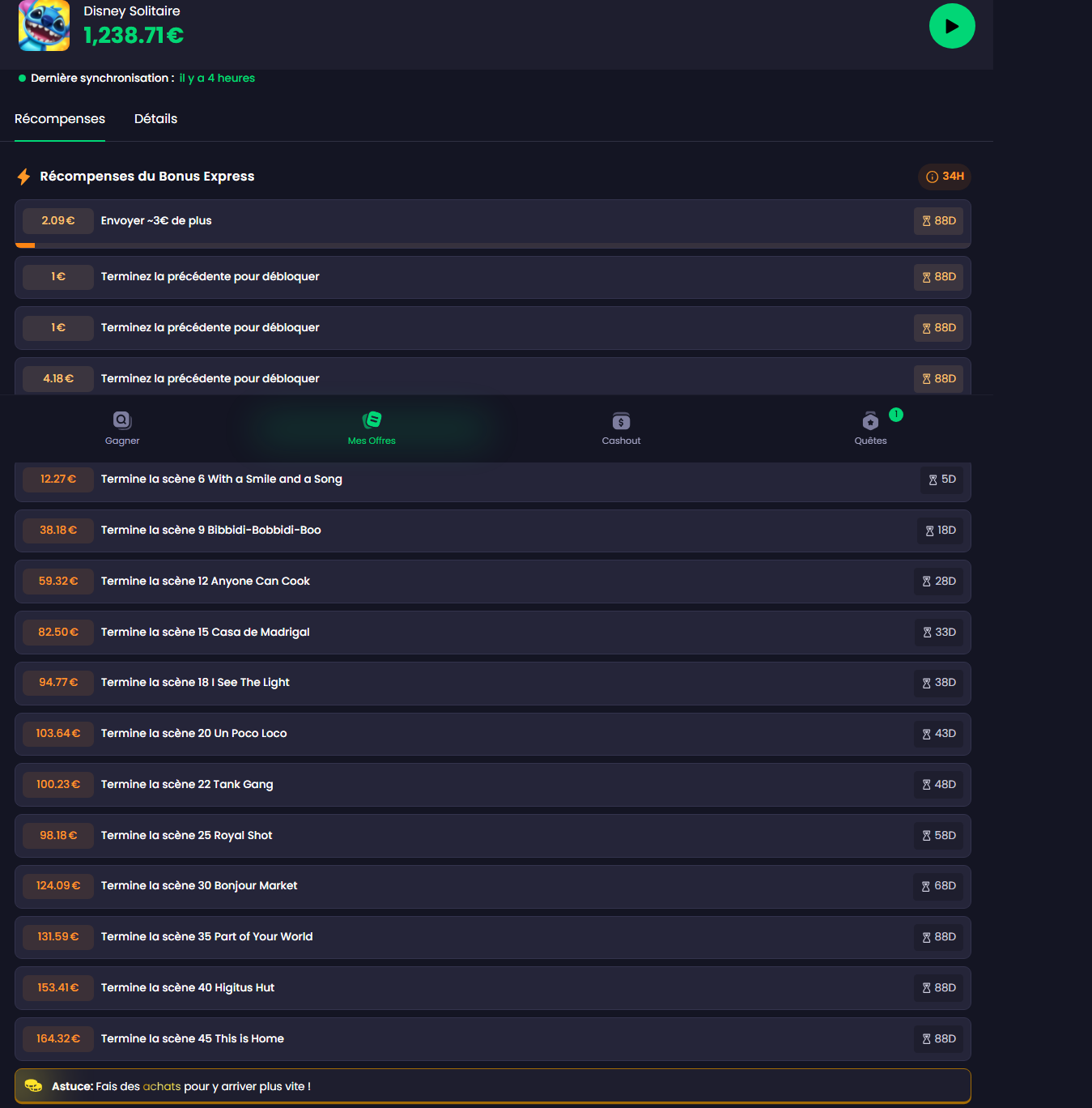 Liste des recompenses d'une offre de jeu sur Freecash avec le Bonus Express et les paliers de scenes de 12,27 a 164,32 euros