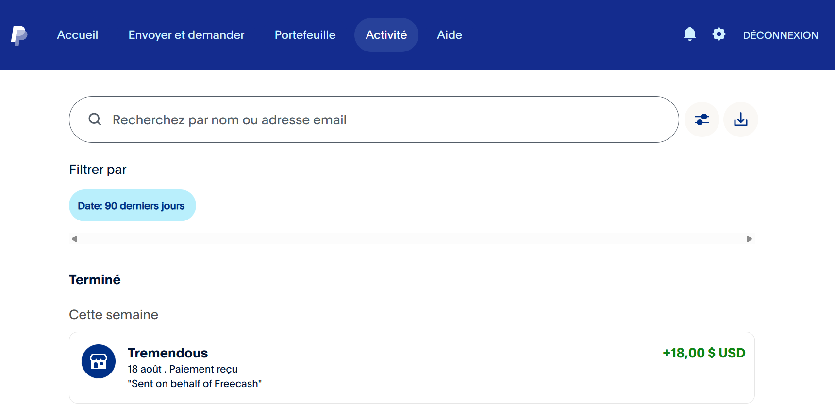 Activite PayPal avec un paiement recu de Tremendous de 18 dollars et la mention Sent on behalf of Freecash