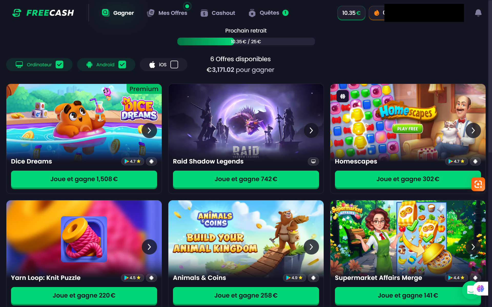 Ecran d'accueil Freecash avec les filtres Ordinateur et Android coches, iOS decoche, six offres et 3171,02 euros a gagner