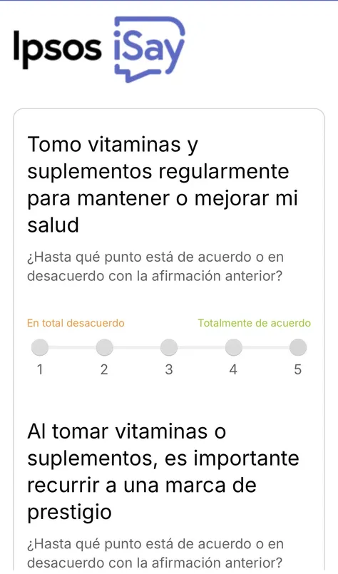 Question d'une enquête Ipsos iSay dans l'application : affirmation sur les vitamines à noter de 1 à 5
