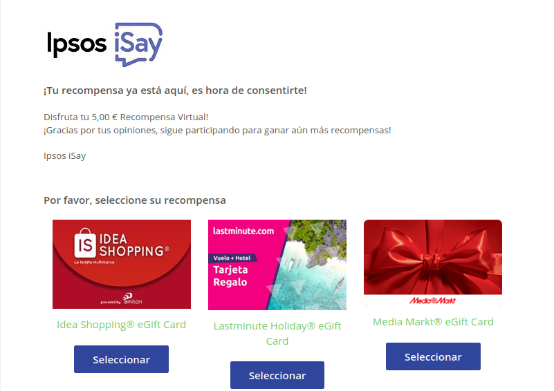 Page RewardCenter d'Ipsos iSay : récompense virtuelle de 5,00 euros, choix entre Idea Shopping, lastminute.com et Media Markt