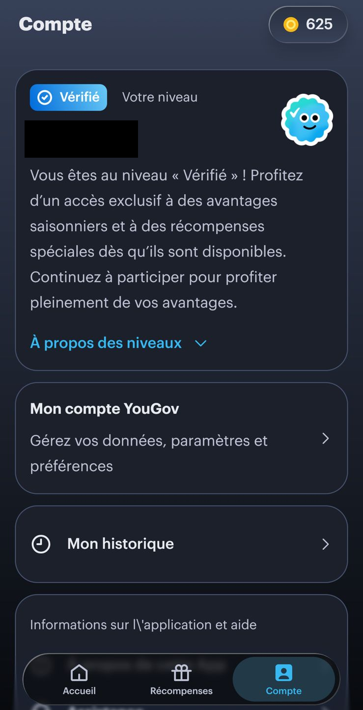 Onglet Compte de YouGov France avec le badge Vérifié, l'encadré Votre niveau et l'historique