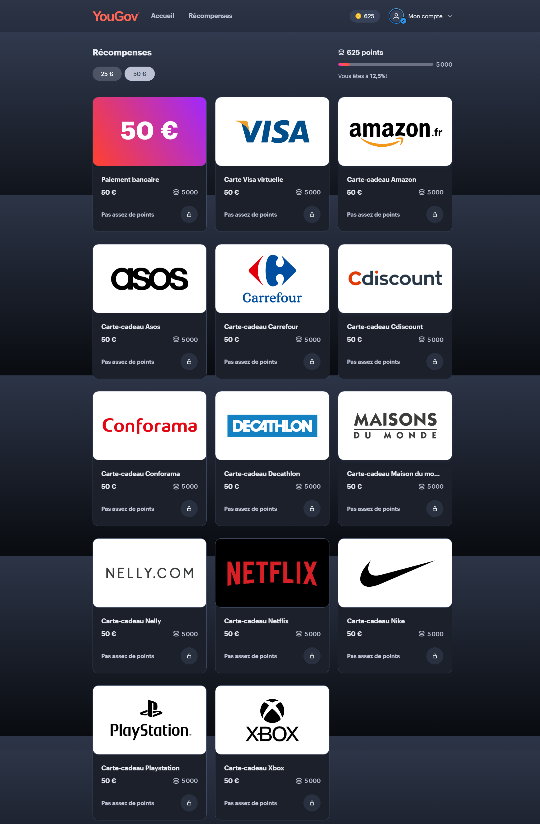 Page des récompenses de YouGov France au palier de 50 euros, avec quatorze vignettes à 5 000 points