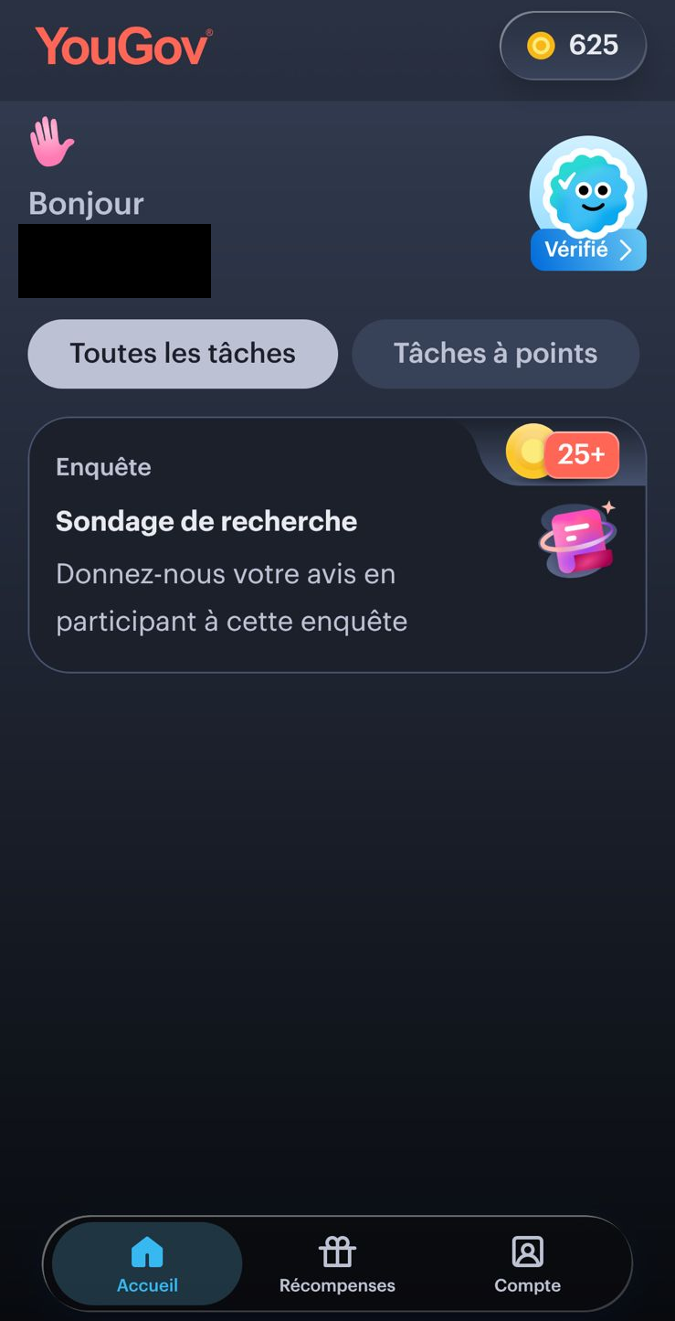 Écran d'accueil de YouGov France avec trois onglets en bas, une enquête proposée à 25+ points et un compteur de 625 points
