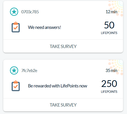 Liste des sondages LifePoints : 50 points pour 12 minutes, 250 points pour 35 minutes