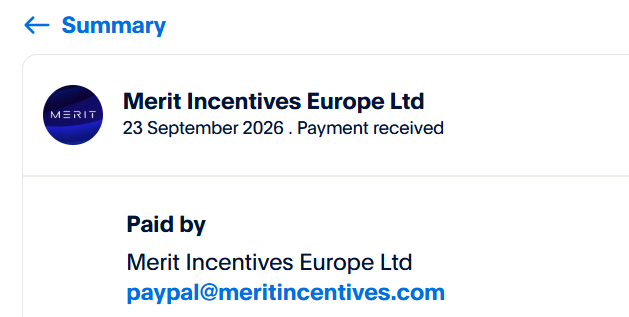 PayPal : paiement reçu de Merit Incentives Europe Ltd le 23 septembre 2026