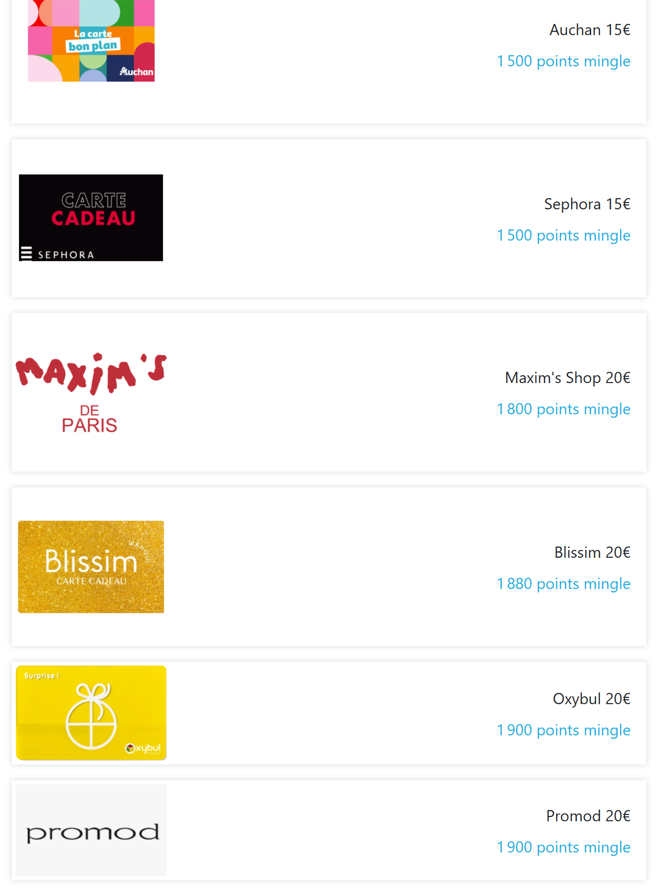 Catalogue Mingle France: cartes a 15 euros pour 1500 points, cartes a 20 euros de 1800 a 1900 points
