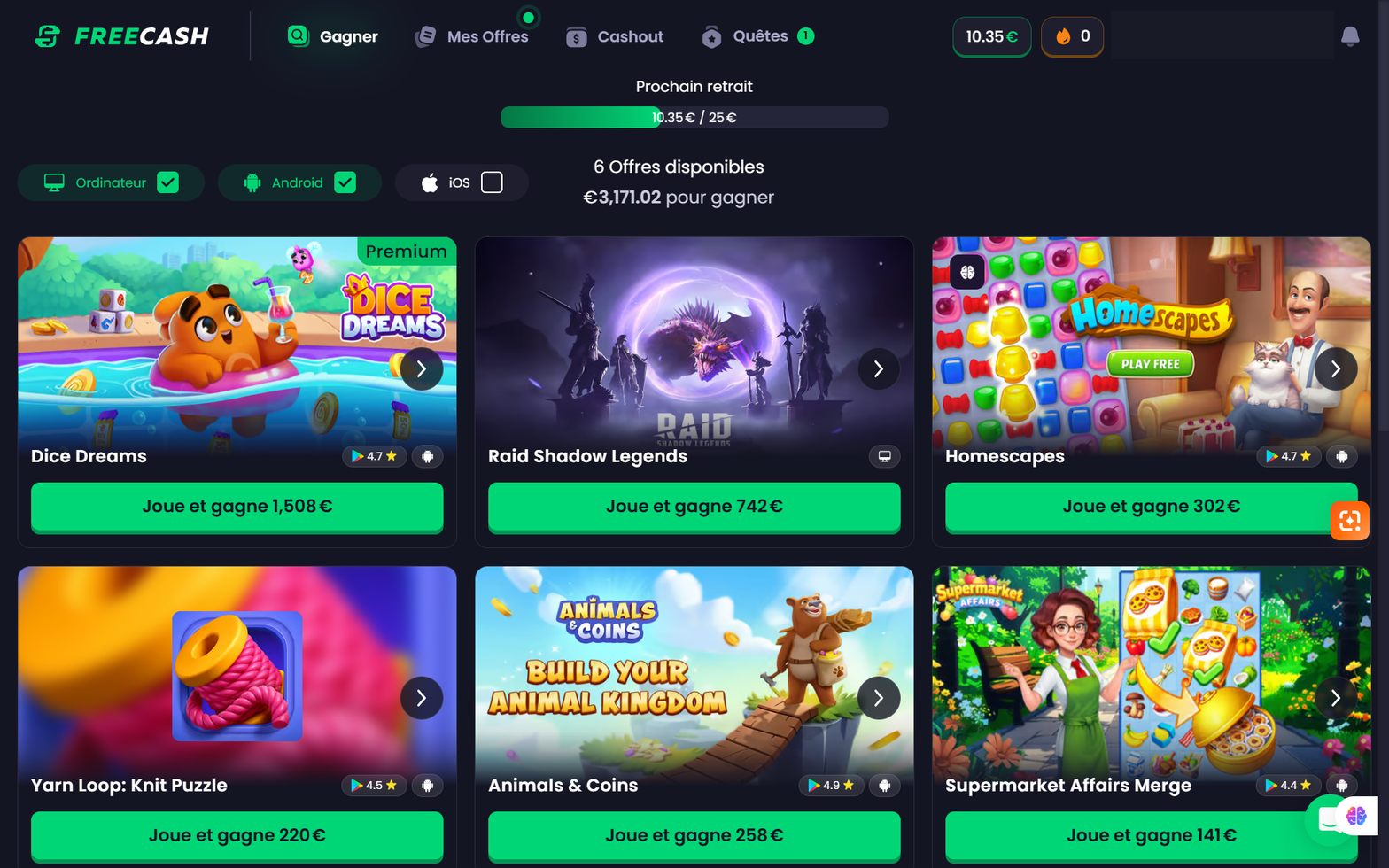 Tableau de bord Freecash annonçant 6 offres disponibles et 3171,02 euros à gagner