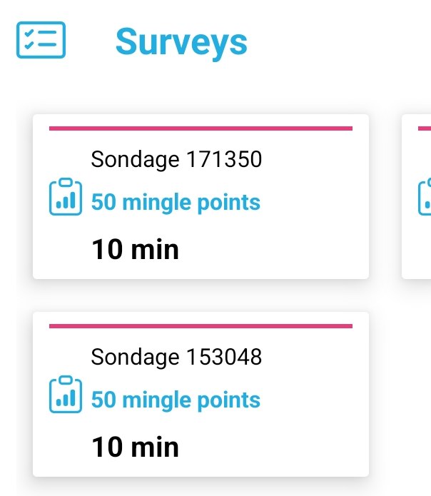 Liste Mingle sur le telephone: deux questionnaires a 50 points mingle pour 10 minutes