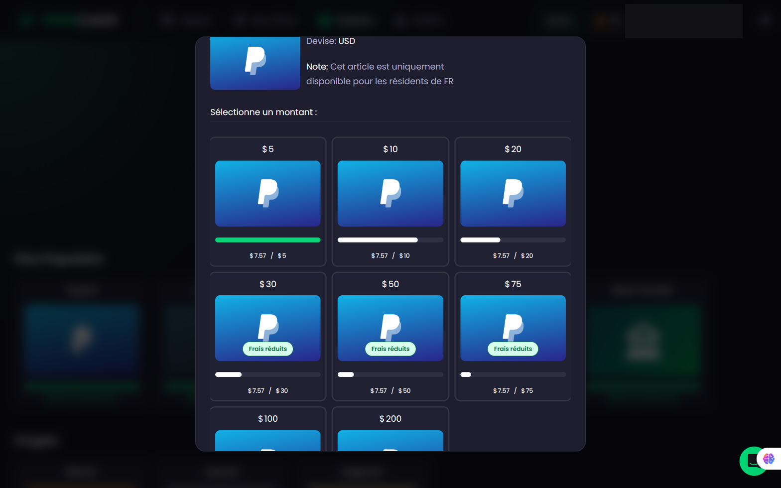 Dialogue PayPal de Freecash avec les paliers de retrait et la mention frais réduits