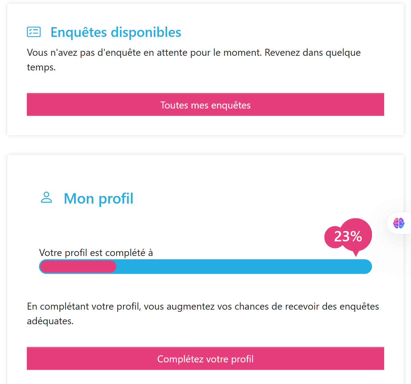 Tableau de bord Mingle France avec 50 points mingle et la liste d'enquetes vide