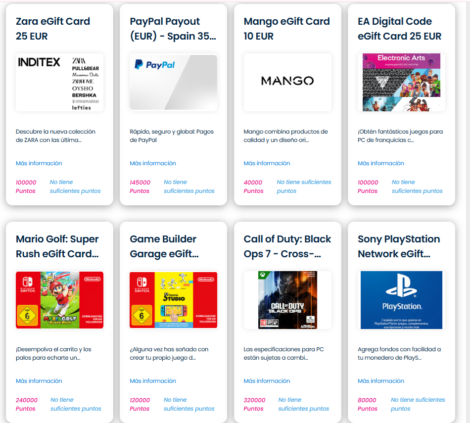 Tarjeta de PayPal en el catalogo de Toluna a 145000 puntos