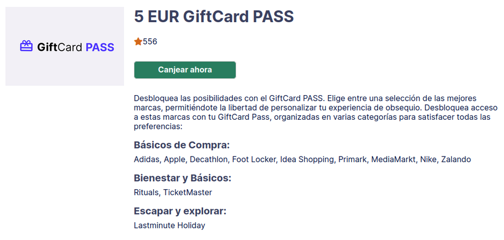 Ficha del vale GiftCard PASS de 5 euros en Ipsos i-Say por 556 estrellas con la lista de tiendas