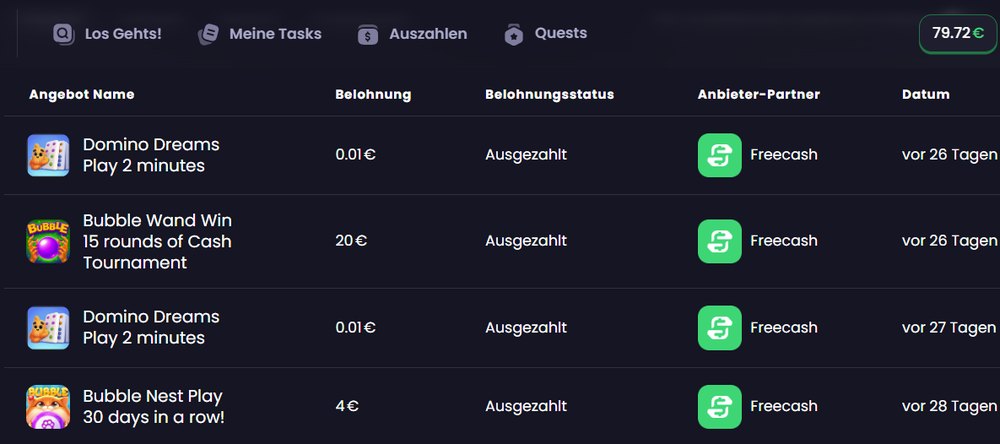 Freecash-Einnahmenliste: Kontostand 79,72 Euro, Bubble Wand 15 Runden Cash-Turnier 20 Euro, Status Ausgezahlt
