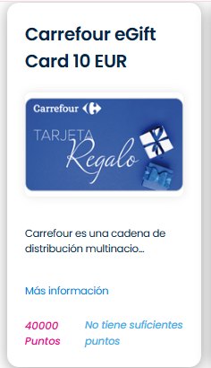 Catalogo premi Toluna nell'account spagnolo: buono Carrefour da 10 euro per 40.000 punti