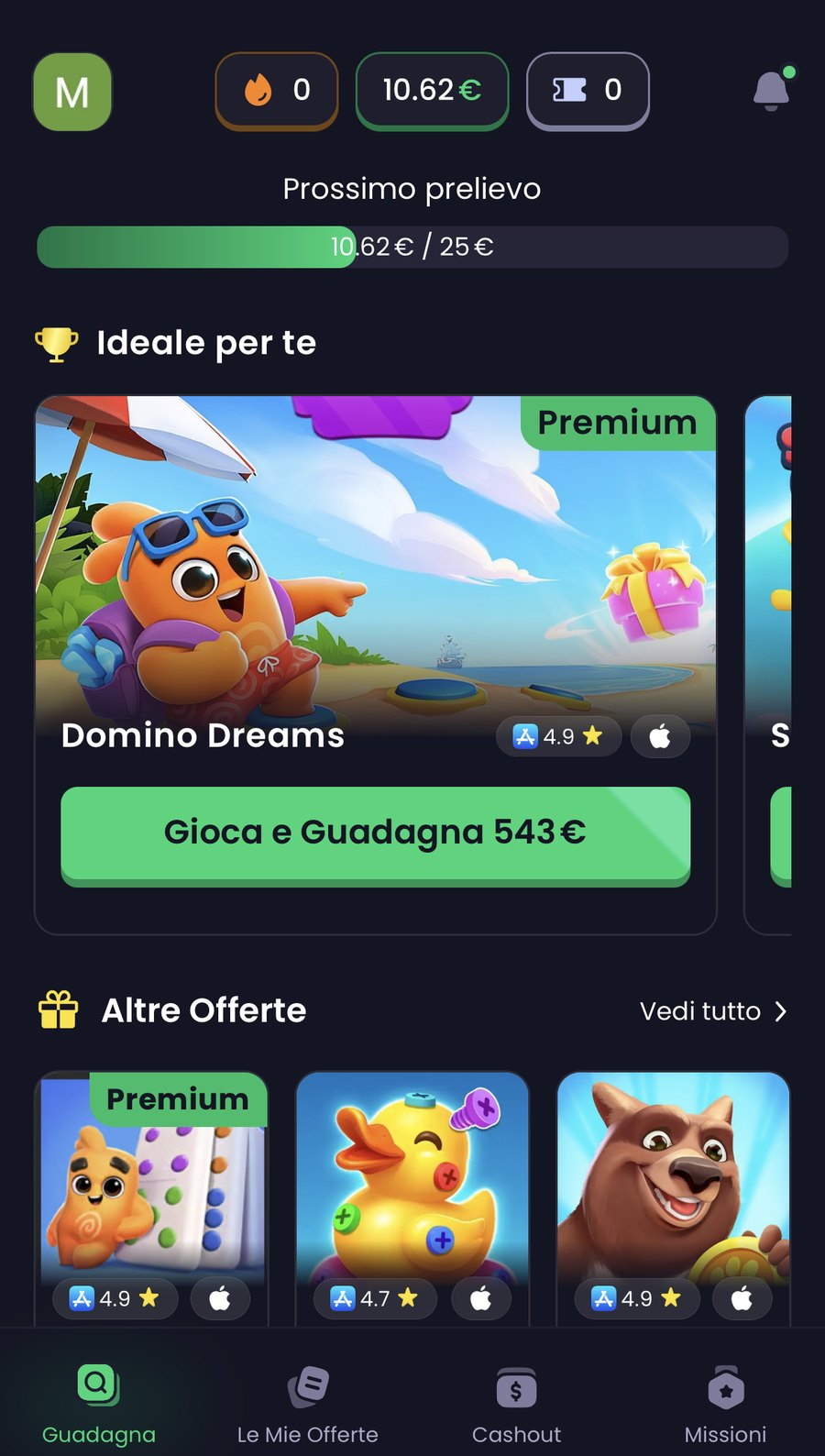 Pagina iniziale di Freecash sul telefono con 10,62 euro di saldo e la barra del prossimo prelievo a 10,62 su 25 euro