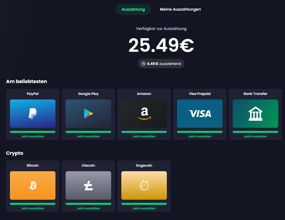 Freecash-uitbetaalpagina met 25,49 euro beschikbaar en de knoppen voor PayPal, Google Play, Amazon, Visa Prepaid, bank en crypto