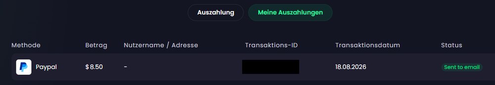 Freecash-overzicht Mijn uitbetalingen: PayPal 8,50 dollar, status Sent to email