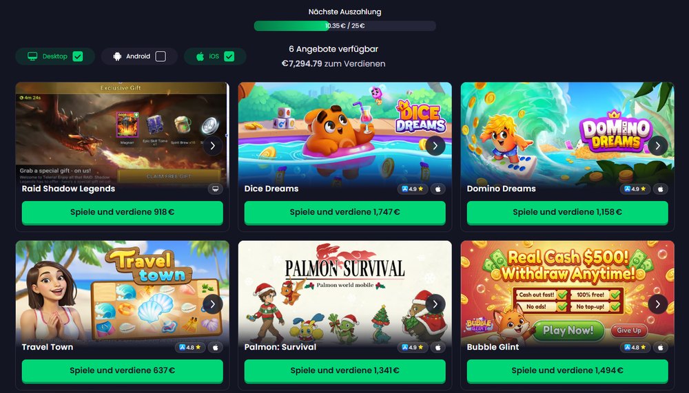 Freecash-startpagina met de balk volgende uitbetaling op 10,35 van 25 euro, apparaatfilters en spellen