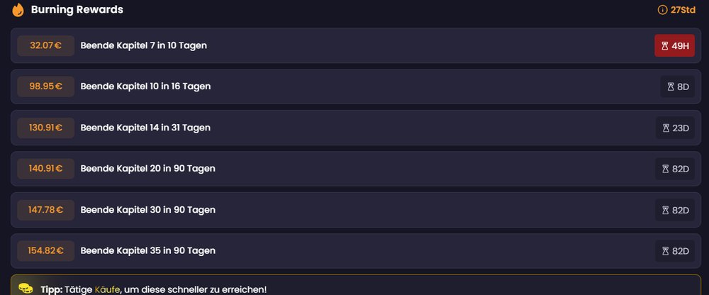 Freecash-ladder Domino Dreams: 32,07 euro voor hoofdstuk 7 binnen 10 dagen tot 154,82 euro voor hoofdstuk 35 binnen 90 dagen