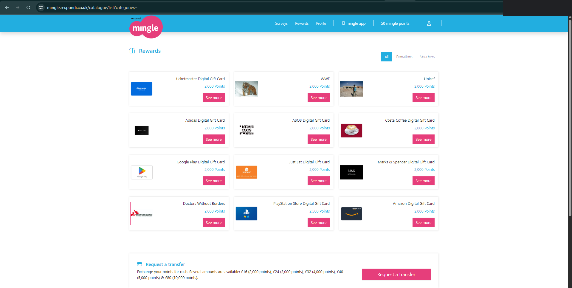 Mingle UK rewards catalogue: twelve tiles at 2,000 points each, PlayStation Store at 2,500, and a transfer box listing 16 pounds for 2,000 points up to 80 pounds for 10,000