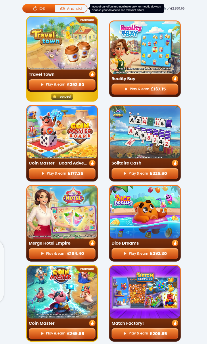 Testerup offer wall: Travel Town at 393.80 pounds, Reality Bay, Coin Master, Solitaire Cash, Merge Hotel Empire, Dice Dreams and Match Factory, with an iOS and Android switch at the top
