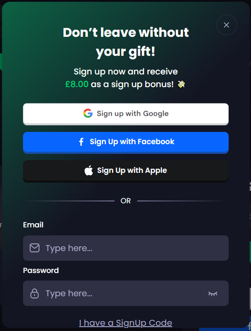 Freecash sign-up dialog offering an 8 pound sign-up bonus