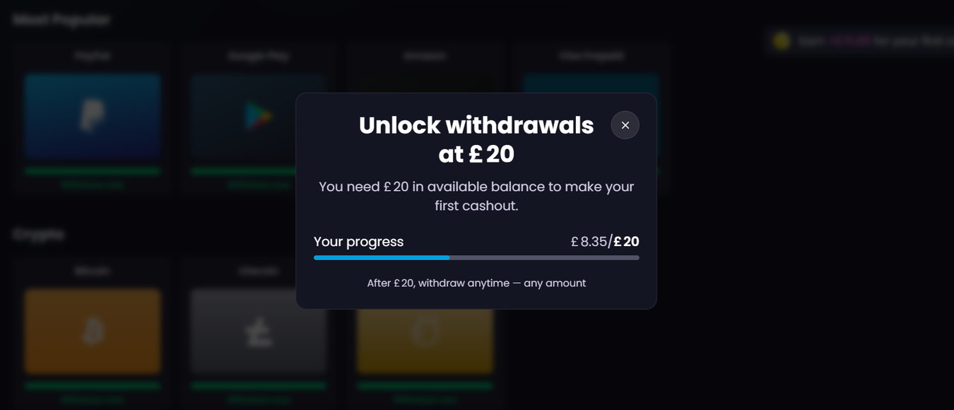 Freecash dialog: unlock withdrawals at 20 pounds, progress 8.35 of 20 in available balance