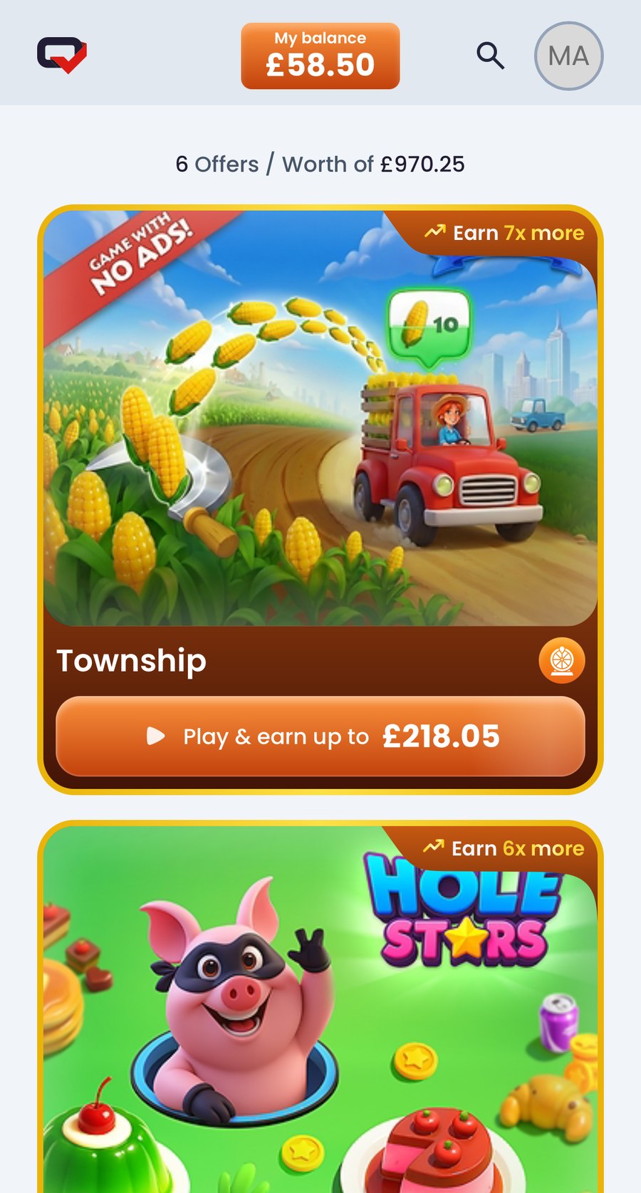 Discover tab of the Testerup app at 22:24 with six offers worth 970.25 pounds, Township first