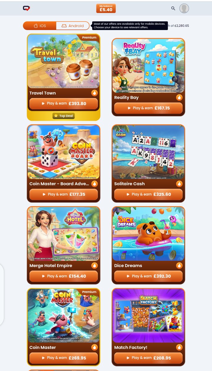 Testerup offer wall with the iOS and Android switch at the top and a mobile game in every tile