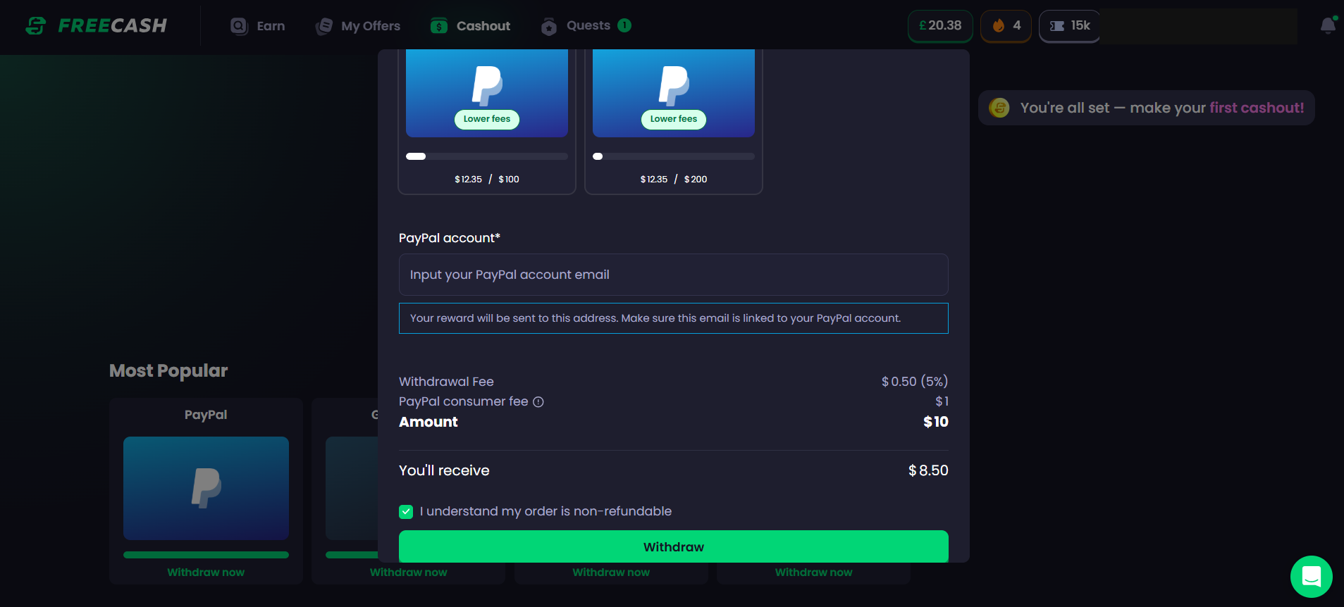 Freecash payout form showing the fee line before confirmation
