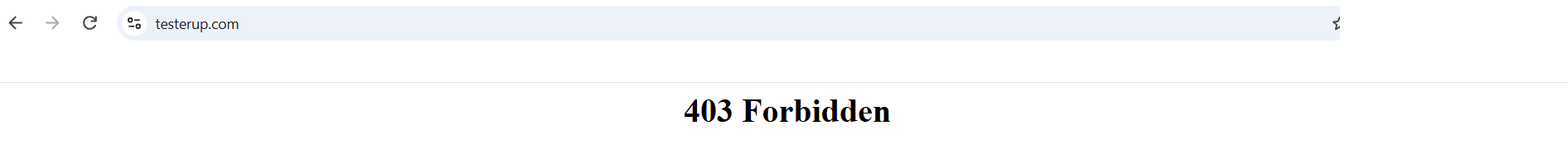 A desktop browser at testerup.com showing a 403 Forbidden page
