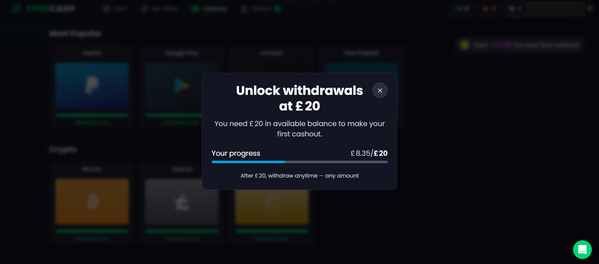 Freecash withdrawal page before the first unlock