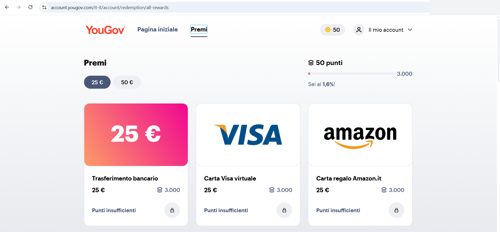 YouGov reward catalogue with all tiles at the same points price