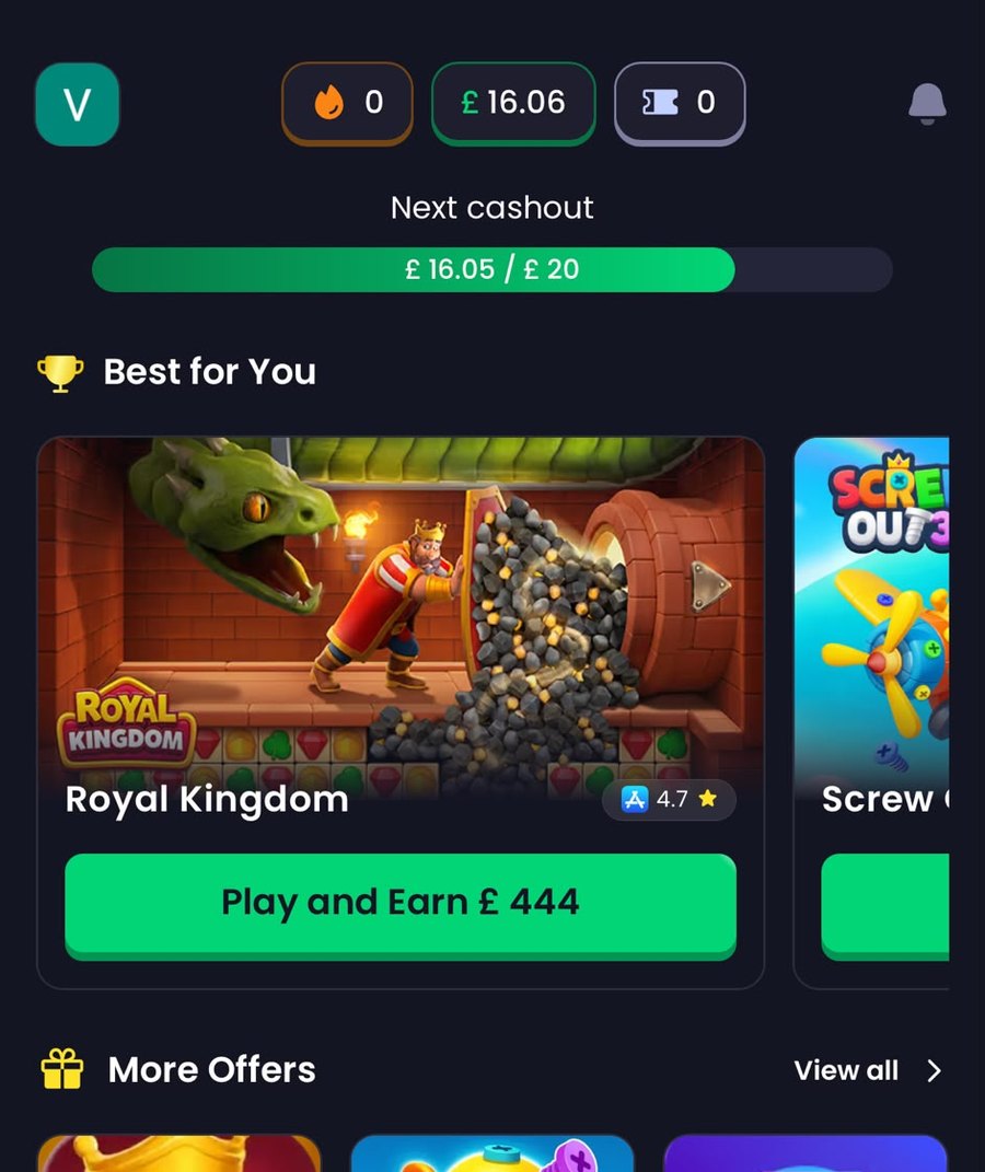 Earn tab of the Freecash app with the balance bar at 16.05 pounds and game offers below