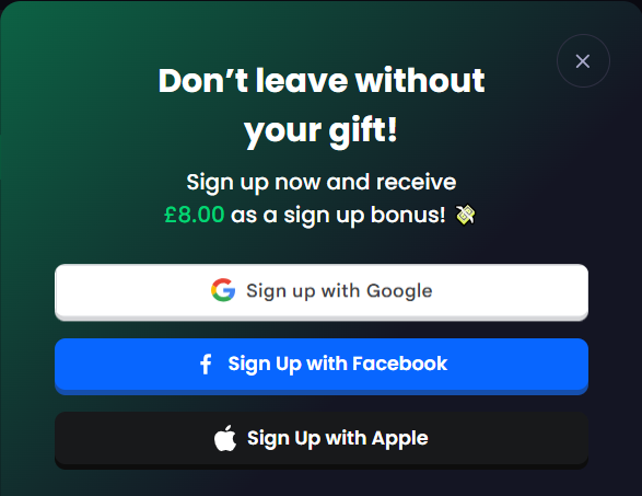Freecash welcome window for new UK visitors offering 8 pounds as a sign up bonus