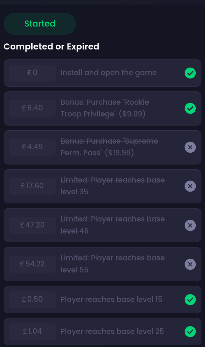 Freecash reward list for a game offer, showing purchase tiers and level tiers with ticks and crosses