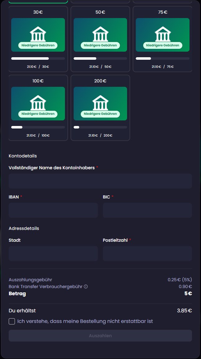 Freecash-formulär för banköverföring med fält för IBAN och BIC, avgift 0,25 plus 0,90 euro, av 5 euro kommer 3,85 fram