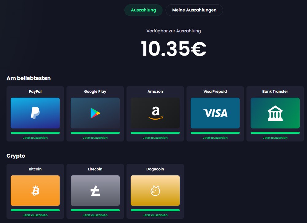 Freecash-uttagssida: 10,35 euro att ta ut, PayPal, Google Play, Amazon, Visa Prepaid, banköverföring samt Bitcoin, Litecoin och Dogecoin