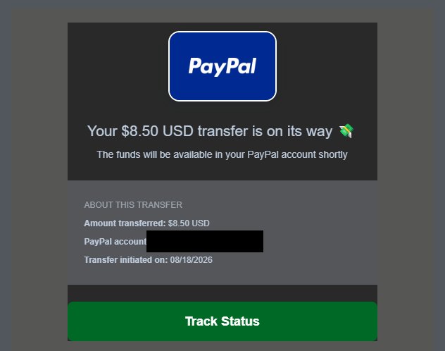 Mejl från Freecash via Tremendous: överföringen på 8,50 dollar till PayPal är på väg, påbörjad 18.08.2026