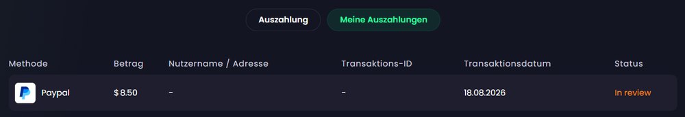 Freecash-översikten Mina uttag: PayPal 8,50 dollar den 18.08.2026, status In review
