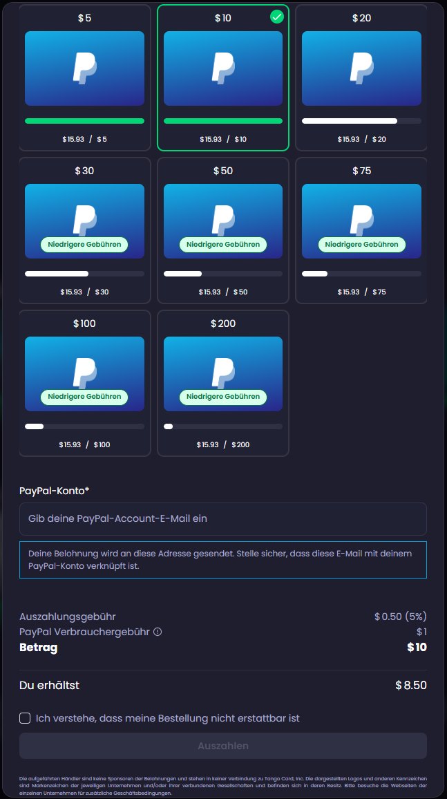 Freecash-formulär för PayPal-uttag i steg från 5 till 200 dollar, avgift 0,50 dollar plus 1 dollar, du får 8,50 dollar