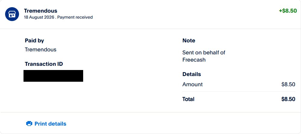 PayPal-översikt: 8,50 dollar mottaget från Tremendous med anteckningen Sent on behalf of Freecash