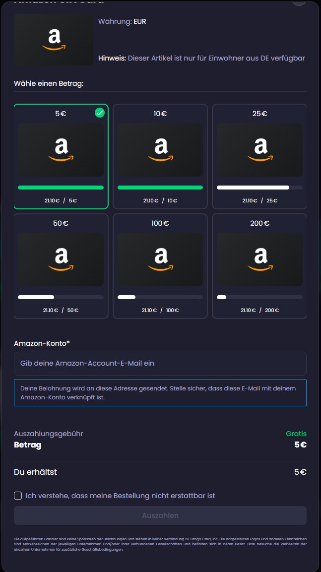 Freecash-uitbetaalvenster voor een Amazon-cadeaubon met uitbetalingskosten gratis