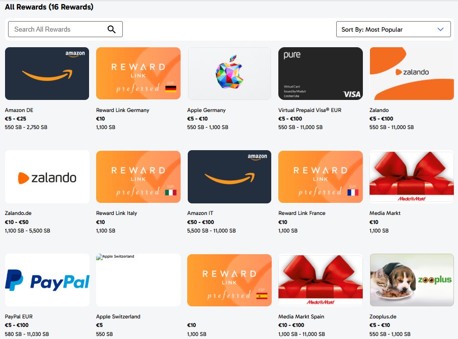 Swagbucks reward catalogue: Amazon DE from 550 SB, Virtual Prepaid Visa and Zalando from 550 SB, PayPal EUR 5 to 100 euros for 580 to 11,030 SB