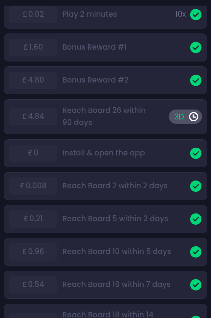 Freecash reward list for Monopoly Go showing board milestones with amounts from under a penny to 4.84 pounds
